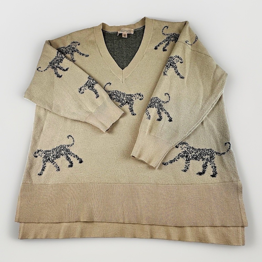 Philosophy Woman Sweater 1X Beige Black Leopard V Neck Tunic Oversized Animal